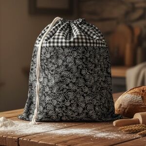Black & White Floral Bread Bag, Two Fabric Reusable Cotton Sourdough Storage
